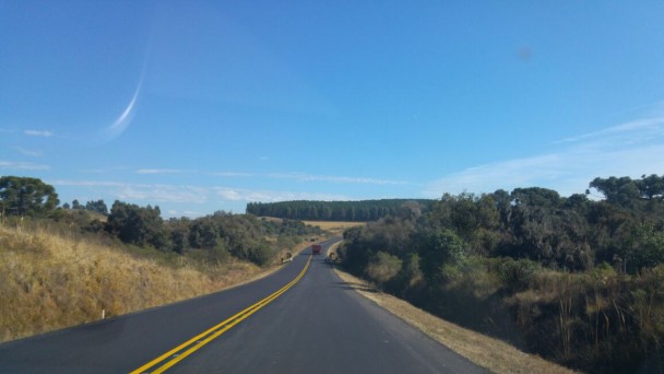 A foto mostra uma estrada em linha reta, com asfalto em boas condições e sinalizado com faixa pintada dividindo as duas pistas. O céu está azul e, às margens, tem árvores e vegetação rasteira.