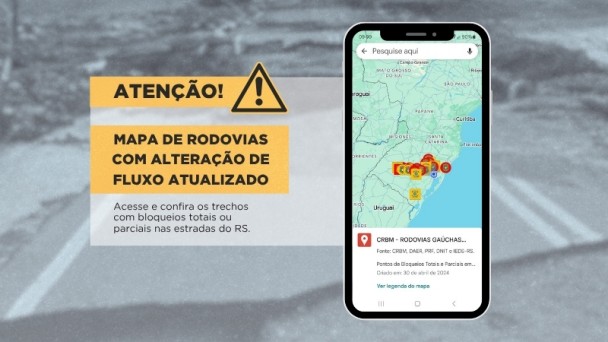Imagem com texto em preto, sobre retângulos amarelos, tendo na lateral imagem de celular com mapa do Rio Grande do Sul e ícones que sinalizam estradas bloqueadas.